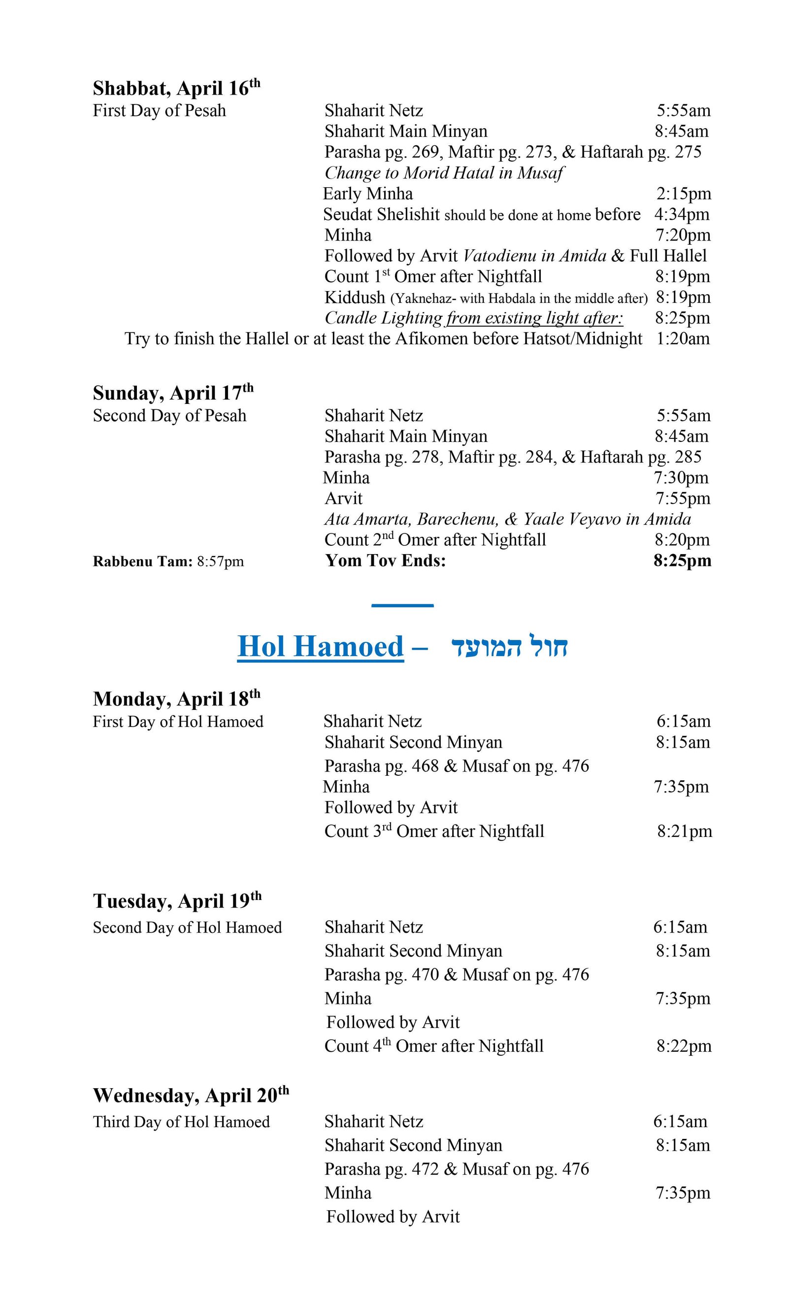 Passover at Surfside, Bay Harbor and Bal Harbour Schedule 2022- 03